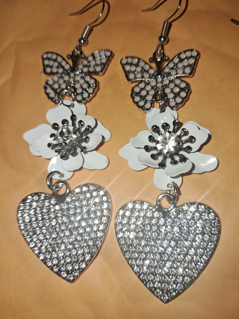 White Butterfly & Heart Dangle Earrings - Sparkling Floral Design